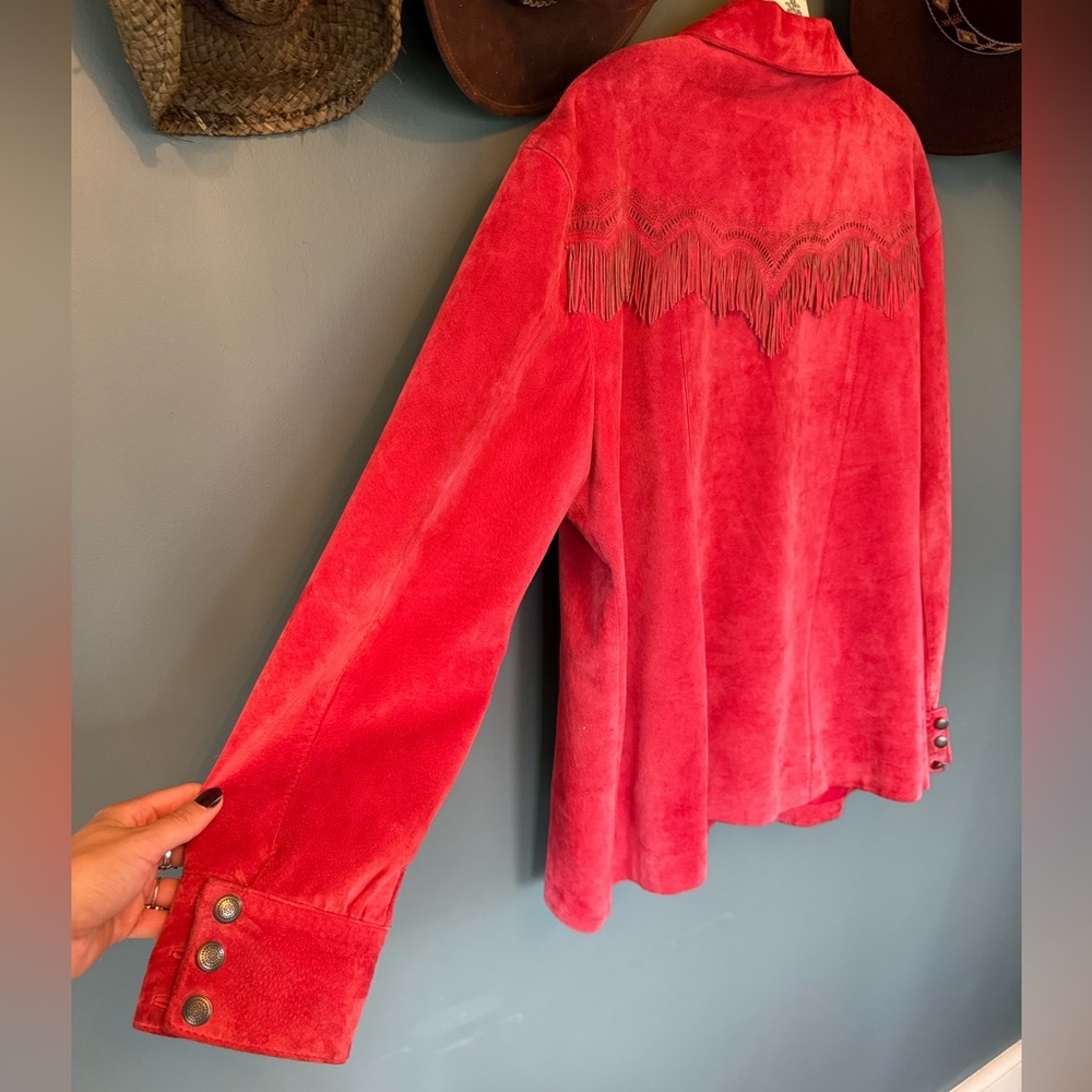Chico’s western Vermillion Suede Fringed Jacket coral pink sz 3 - Picture 3 of 16